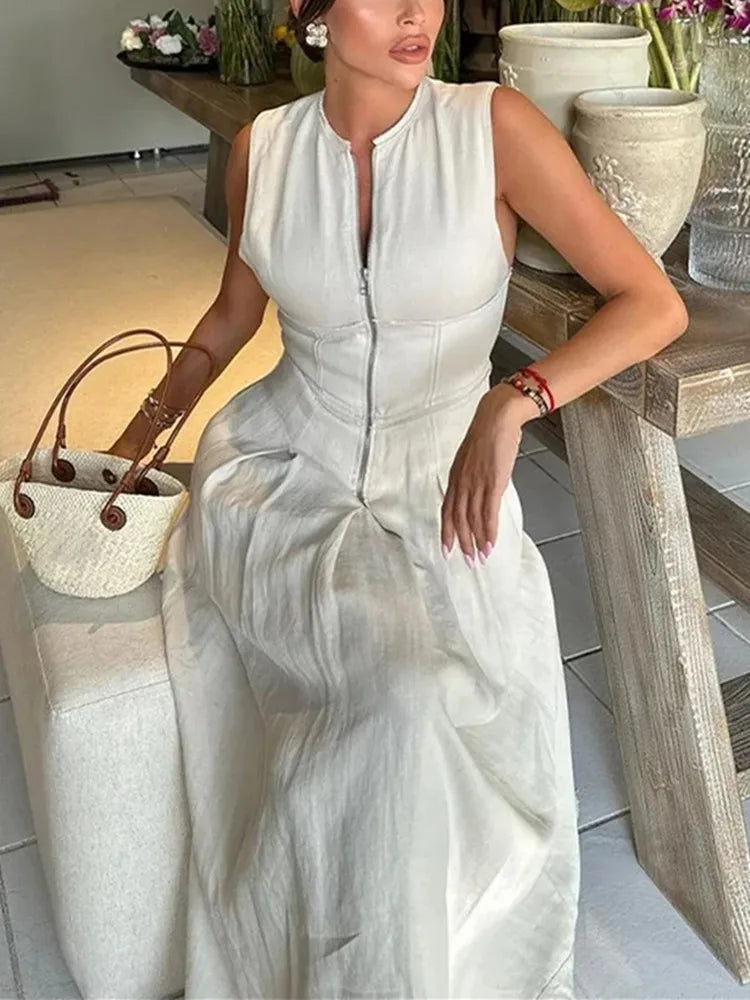 Mulher zíper vestido longo mulher plissado sem mangas bodycon vestido de verão elegante vestidos de festa para mulher 2025 novos vestidos midi