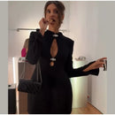 Preto oco para fora mini vestido feminino sexy manga longa bodycon cintura cinching vestidos 2025 chique outono senhora do escritório comute robes