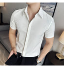 2025 camisa de manga curta elástica fina de verão de alta qualidade para negócios masculinos e roupas casuais, carcela de botão oculto M-4XL