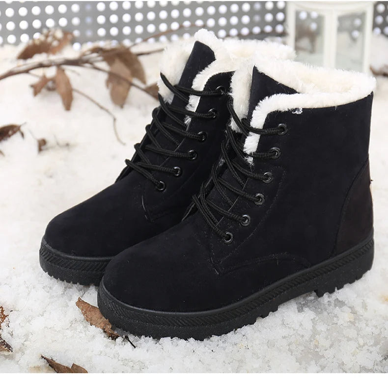 Botas femininas de pele quente botas mulher 2025 sapatos de inverno para mulher botas de neve de salto baixo botas de tornozelo inverno calçado preto feminino