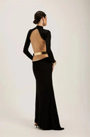 Mozision sem costas manga longa sexy maxi vestido feminino elegante preto meia gola alta bodycon clube festa vestido longo feminino