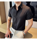 2025 camisa de manga curta elástica fina de verão de alta qualidade para negócios masculinos e roupas casuais, carcela de botão oculto M-4XL