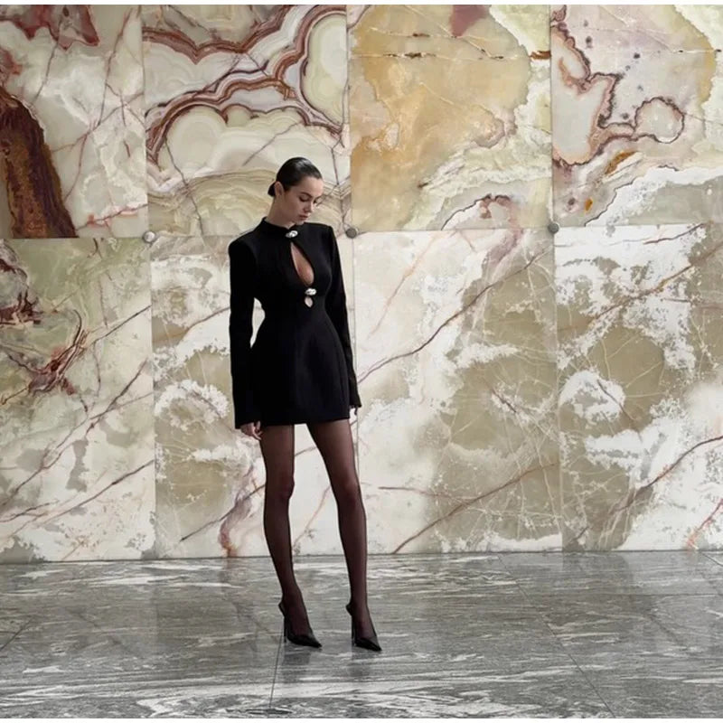 Preto oco para fora mini vestido feminino sexy manga longa bodycon cintura cinching vestidos 2025 chique outono senhora do escritório comute robes