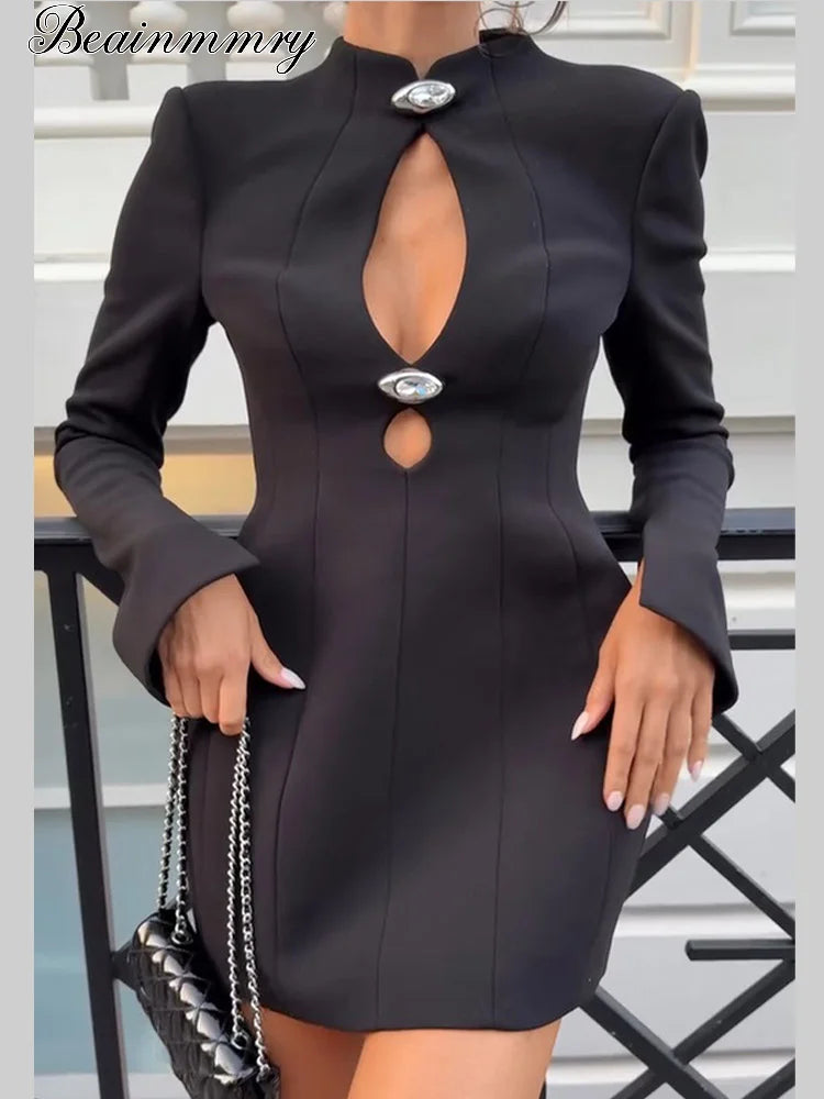 Preto oco para fora mini vestido feminino sexy manga longa bodycon cintura cinching vestidos 2025 chique outono senhora do escritório comute robes