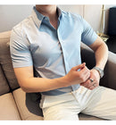 2025 camisa de manga curta elástica fina de verão de alta qualidade para negócios masculinos e roupas casuais, carcela de botão oculto M-4XL