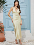 Vestido de cetim de seda para mulheres, costas nuas, sexy, maxi, longo, vestidos de noite, elegante, festa de aniversário, decote em v, robe para convidados de casamento, senhoras