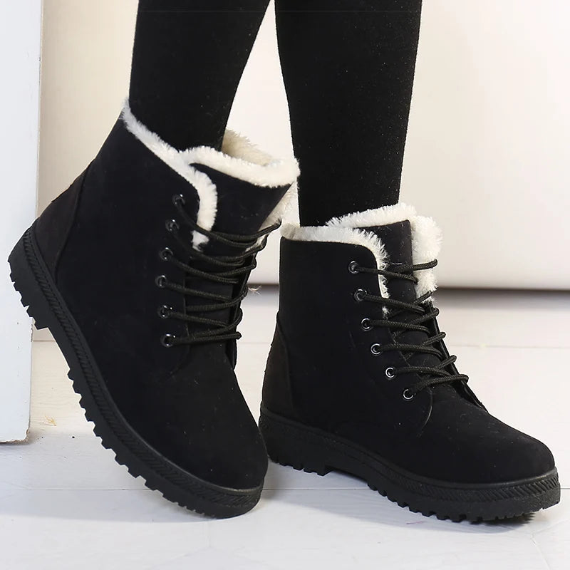Botas femininas de pele quente botas mulher 2025 sapatos de inverno para mulher botas de neve de salto baixo botas de tornozelo inverno calçado preto feminino
