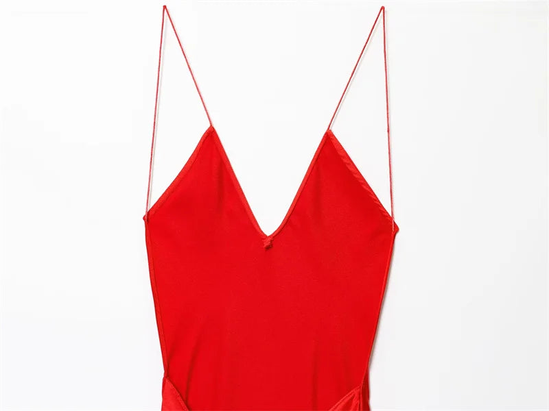 2025 novo vestido feminino verão suspensórios vermelhos seda cetim textura maxi vestido sexy aberto volta design elegante e elegante praia