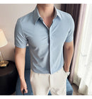 2025 camisa de manga curta elástica fina de verão de alta qualidade para negócios masculinos e roupas casuais, carcela de botão oculto M-4XL