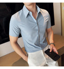 2025 camisa de manga curta elástica fina de verão de alta qualidade para negócios masculinos e roupas casuais, carcela de botão oculto M-4XL