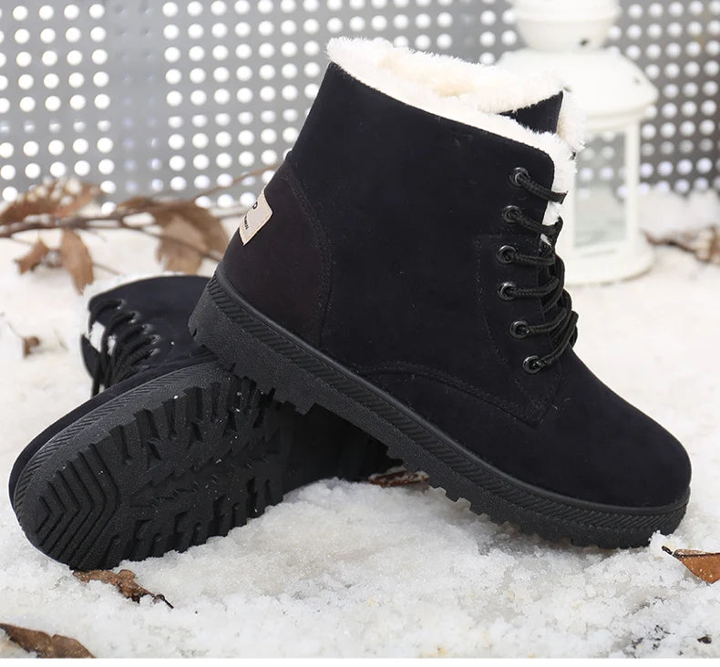 Botas femininas de pele quente botas mulher 2025 sapatos de inverno para mulher botas de neve de salto baixo botas de tornozelo inverno calçado preto feminino