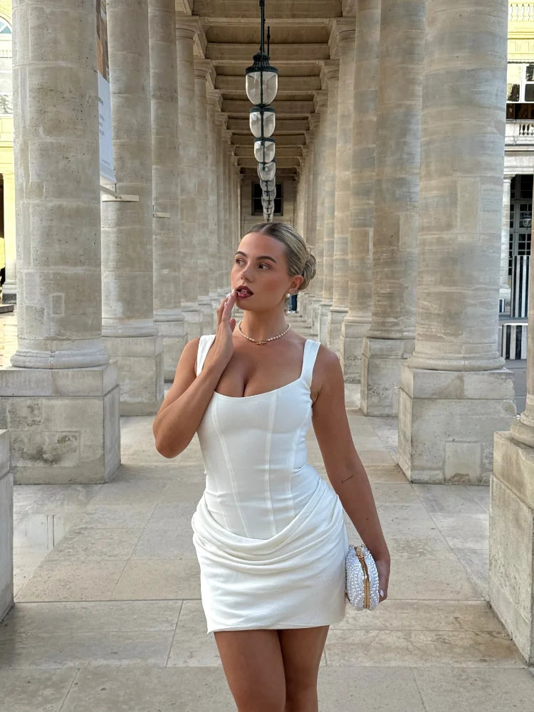 Mulheres decote em v halter sem costas mini vestido moda sem mangas cintura alta bodycon vestidos 2025 novo verão senhora festa férias robes