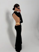 Mozision sem costas manga longa sexy maxi vestido feminino elegante preto meia gola alta bodycon clube festa vestido longo feminino