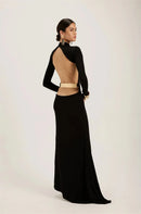 Mozision sem costas manga longa sexy maxi vestido feminino elegante preto meia gola alta bodycon clube festa vestido longo feminino