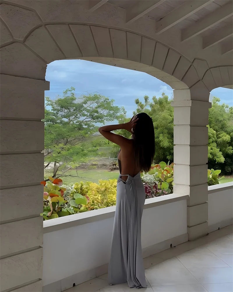 Mozision um ombro sem costas sexy maxi vestido feminino moda fivela de metal gola diagonal sem mangas drapeado clube vestido longo