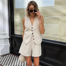 Retro Algodão Linho Treino Mulheres Two Piece Set Chic Button Vest Colete + Short Sets Ensemble Femme 2 Peças