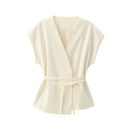 Moda feminina calças ternos sem mangas com decote em v superior com cinto calças retas define 2025 primavera verão commuter 2 peça conjunto