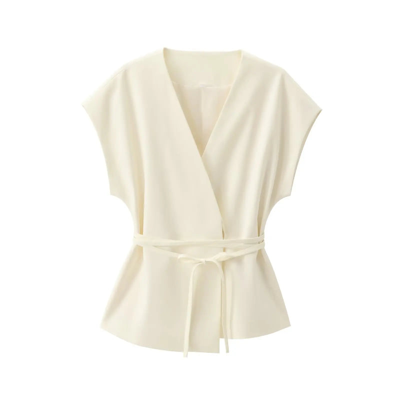 Moda feminina calças ternos sem mangas com decote em v superior com cinto calças retas define 2025 primavera verão commuter 2 peça conjunto