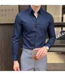 Alta qualidade outono masculino nova manga longa listrado escuro magro-ajuste camisa de negócios casual formal