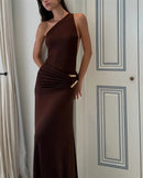 Mozision um ombro sem costas sexy maxi vestido feminino moda fivela de metal gola diagonal sem mangas drapeado clube vestido longo