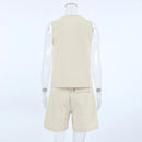 Retro Algodão Linho Treino Mulheres Two Piece Set Chic Button Vest Colete + Short Sets Ensemble Femme 2 Peças