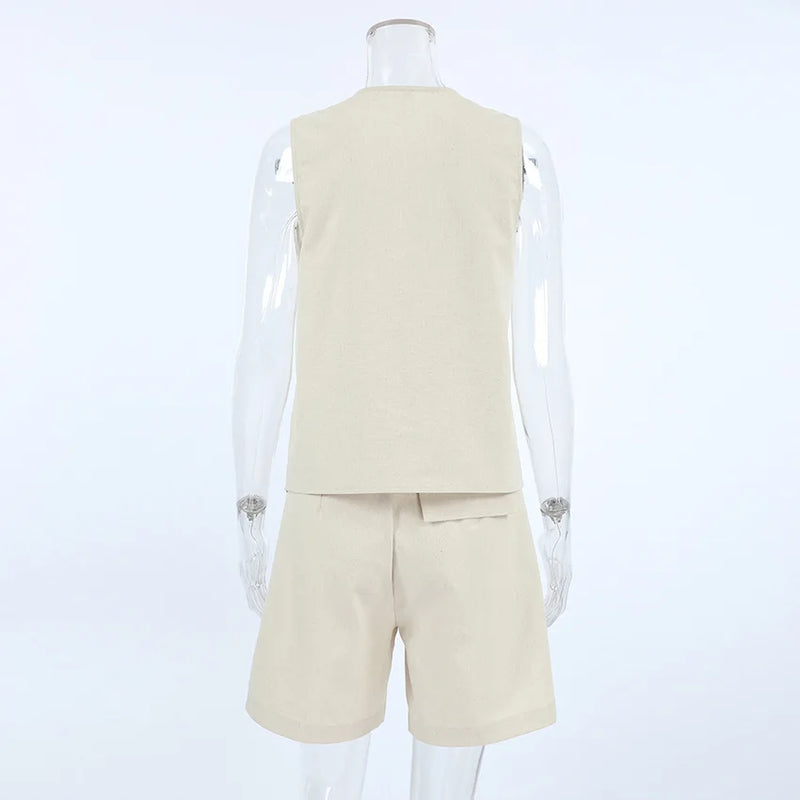 Retro Algodão Linho Treino Mulheres Two Piece Set Chic Button Vest Colete + Short Sets Ensemble Femme 2 Peças
