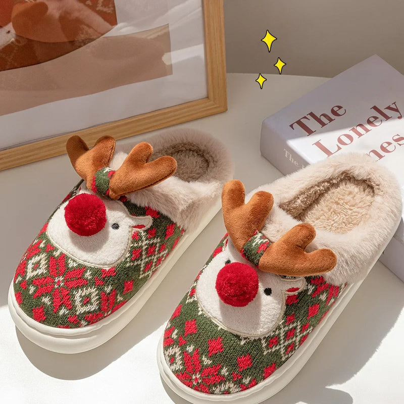 Inverno novo natal chinelos de algodão para mulher bonito dos desenhos animados cervos antiderrapante meninas interior casa sapatos moda festa slides