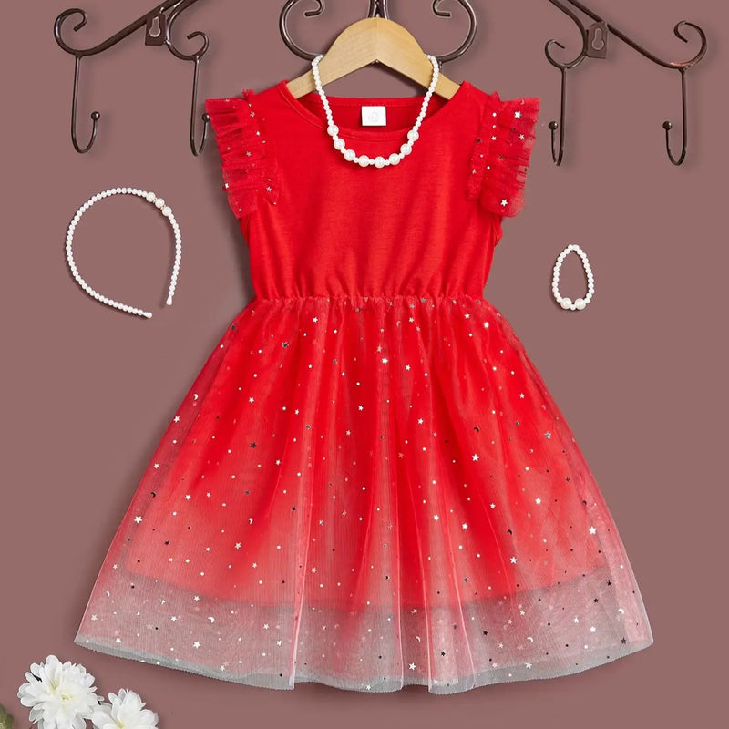 Meninas natal ano novo vestido vermelho colar de pérolas acessórios moda infantil vestido de princesa verão sem mangas vestido de gaze