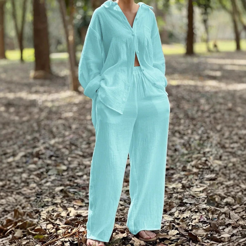 Novo cardigan casual feminino mangas compridas calças pura multi-cor camisa feminina calças de cintura alta conjunto de duas peças