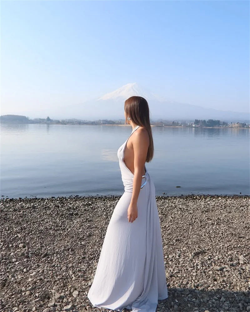 Mozision um ombro sem costas sexy maxi vestido feminino moda fivela de metal gola diagonal sem mangas drapeado clube vestido longo