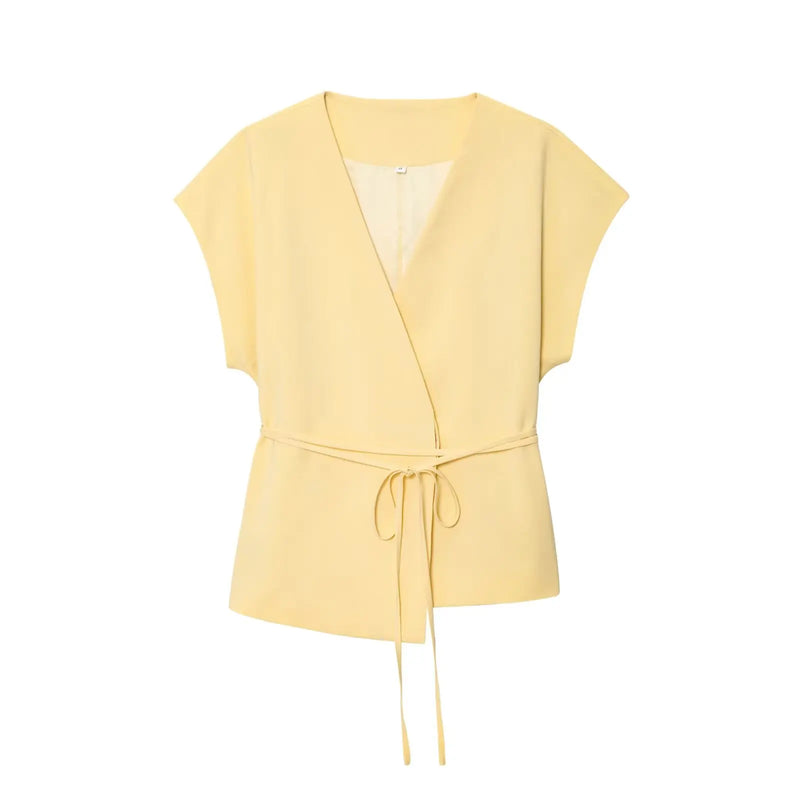 Moda feminina calças ternos sem mangas com decote em v superior com cinto calças retas define 2025 primavera verão commuter 2 peça conjunto