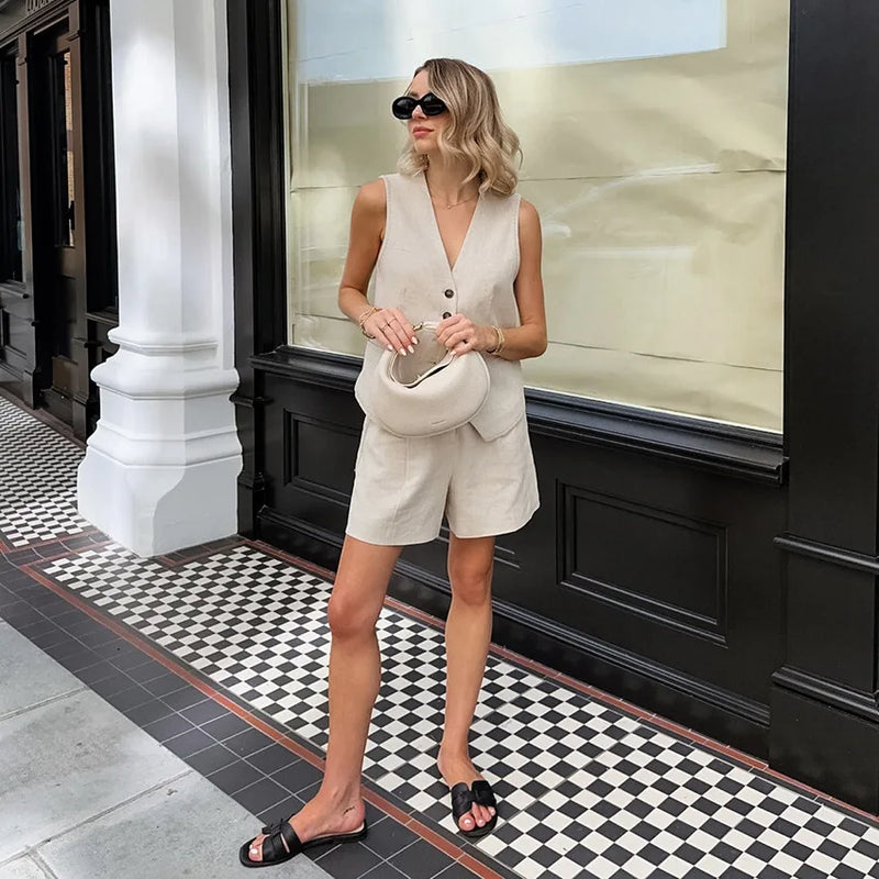 Retro Algodão Linho Treino Mulheres Two Piece Set Chic Button Vest Colete + Short Sets Ensemble Femme 2 Peças