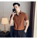 2025 camisa de manga curta elástica fina de verão de alta qualidade para negócios masculinos e roupas casuais, carcela de botão oculto M-4XL