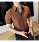 2025 camisa de manga curta elástica fina de verão de alta qualidade para negócios masculinos e roupas casuais, carcela de botão oculto M-4XL