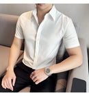 2025 camisa de manga curta elástica fina de verão de alta qualidade para negócios masculinos e roupas casuais, carcela de botão oculto M-4XL