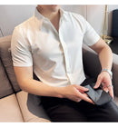 2025 camisa de manga curta elástica fina de verão de alta qualidade para negócios masculinos e roupas casuais, carcela de botão oculto M-4XL