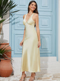 Vestido de cetim de seda para mulheres, costas nuas, sexy, maxi, longo, vestidos de noite, elegante, festa de aniversário, decote em v, robe para convidados de casamento, senhoras