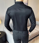 Camisa casual de seda sem costura, manga comprida, seda elástica branca sem engomar, camisa transversal deslizante, roupa formal masculina