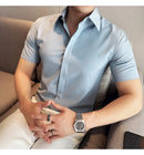 2025 camisa de manga curta elástica fina de verão de alta qualidade para negócios masculinos e roupas casuais, carcela de botão oculto M-4XL