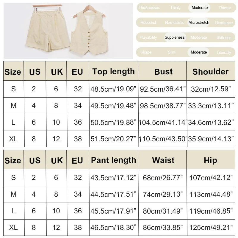 Retro Algodão Linho Treino Mulheres Two Piece Set Chic Button Vest Colete + Short Sets Ensemble Femme 2 Peças