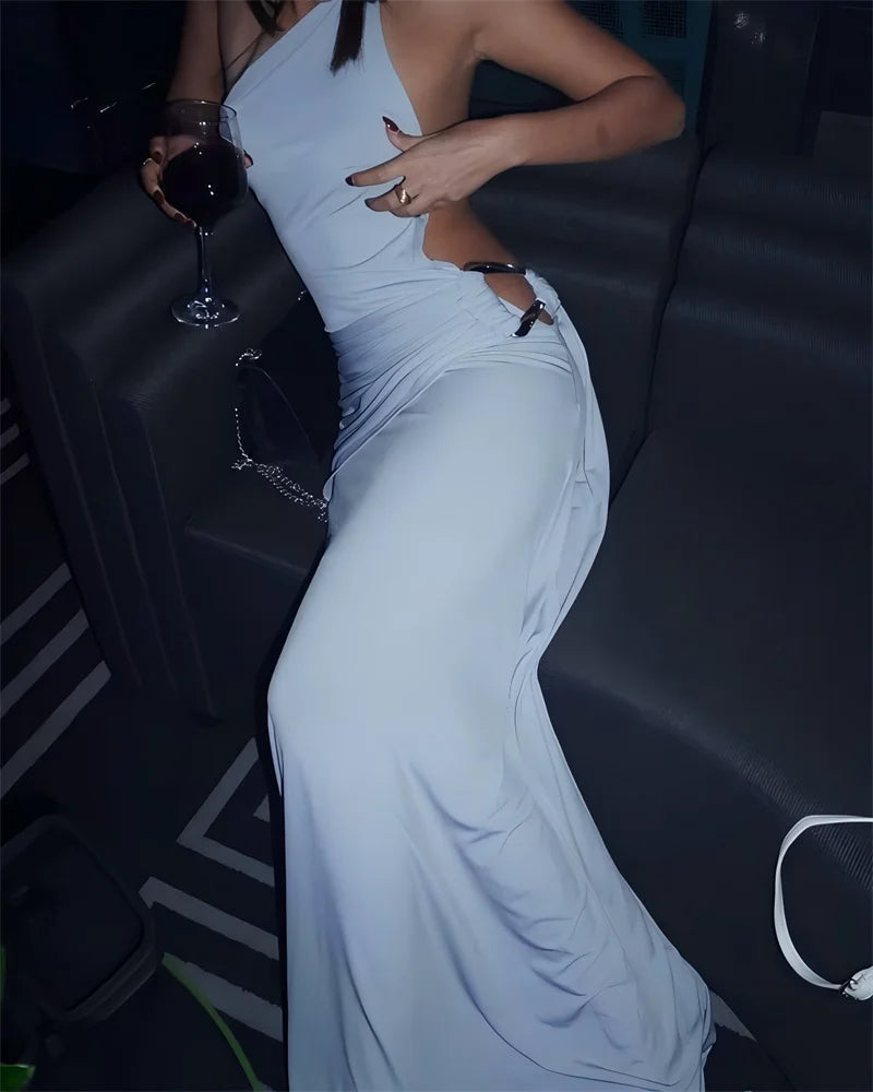 Mozision um ombro sem costas sexy maxi vestido feminino moda fivela de metal gola diagonal sem mangas drapeado clube vestido longo