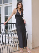 Vestido de cetim de seda para mulheres, costas nuas, sexy, maxi, longo, vestidos de noite, elegante, festa de aniversário, decote em v, robe para convidados de casamento, senhoras