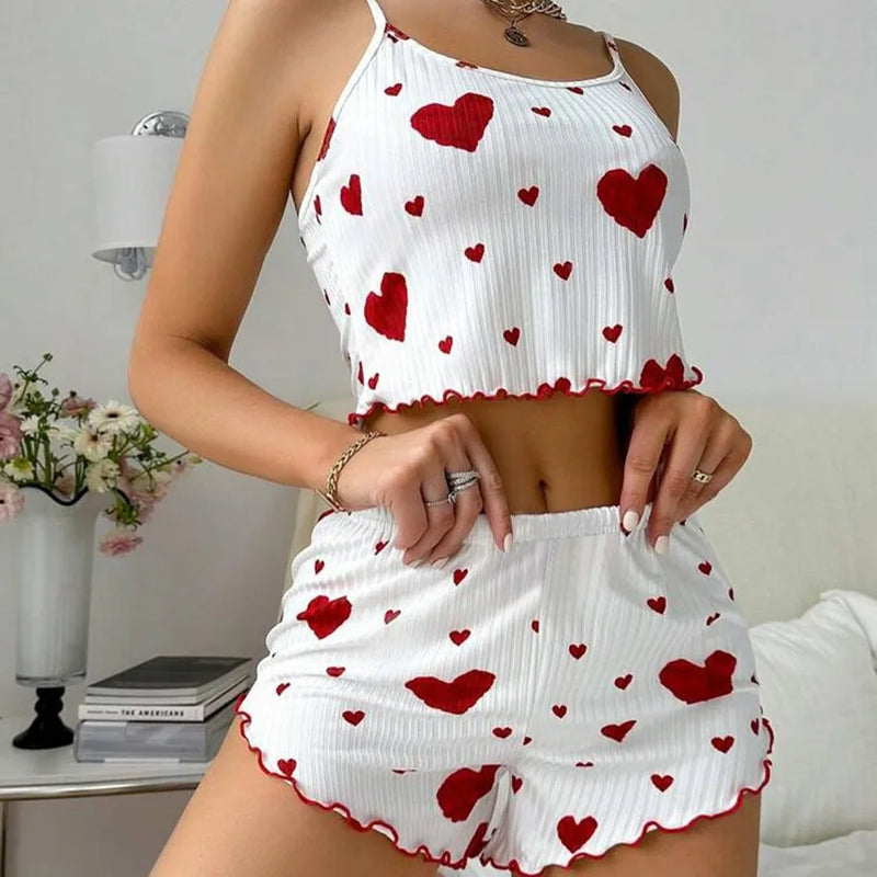 Conjunto de pijamas femininos pijamas 2 peças regata curta e shorts s m l branco ventilar macio casual amor impressão