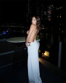 Mozision um ombro sem costas sexy maxi vestido feminino moda fivela de metal gola diagonal sem mangas drapeado clube vestido longo