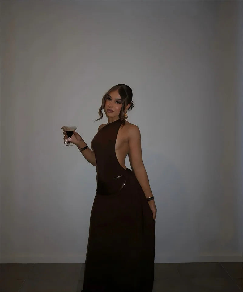 Mozision um ombro sem costas sexy maxi vestido feminino moda fivela de metal gola diagonal sem mangas drapeado clube vestido longo