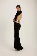 Mozision sem costas manga longa sexy maxi vestido feminino elegante preto meia gola alta bodycon clube festa vestido longo feminino