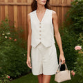 Retro Algodão Linho Treino Mulheres Two Piece Set Chic Button Vest Colete + Short Sets Ensemble Femme 2 Peças