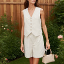 Retro Algodão Linho Treino Mulheres Two Piece Set Chic Button Vest Colete + Short Sets Ensemble Femme 2 Peças