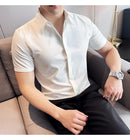 2025 camisa de manga curta elástica fina de verão de alta qualidade para negócios masculinos e roupas casuais, carcela de botão oculto M-4XL