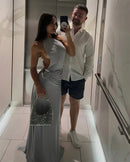 Mozision um ombro sem costas sexy maxi vestido feminino moda fivela de metal gola diagonal sem mangas drapeado clube vestido longo